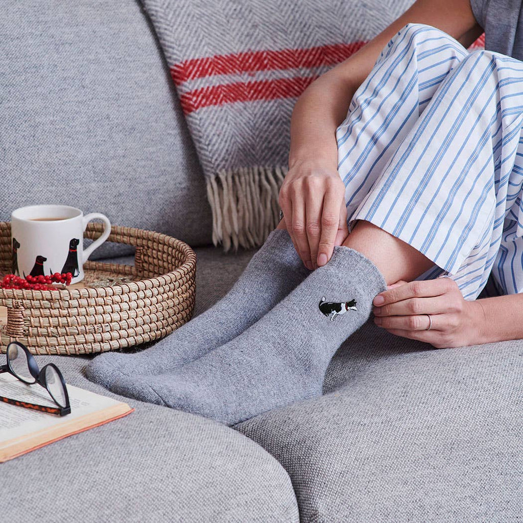 Person wearing gray socks with a border collie dog design, sitting on a couch with a coffee cup and book in the background.