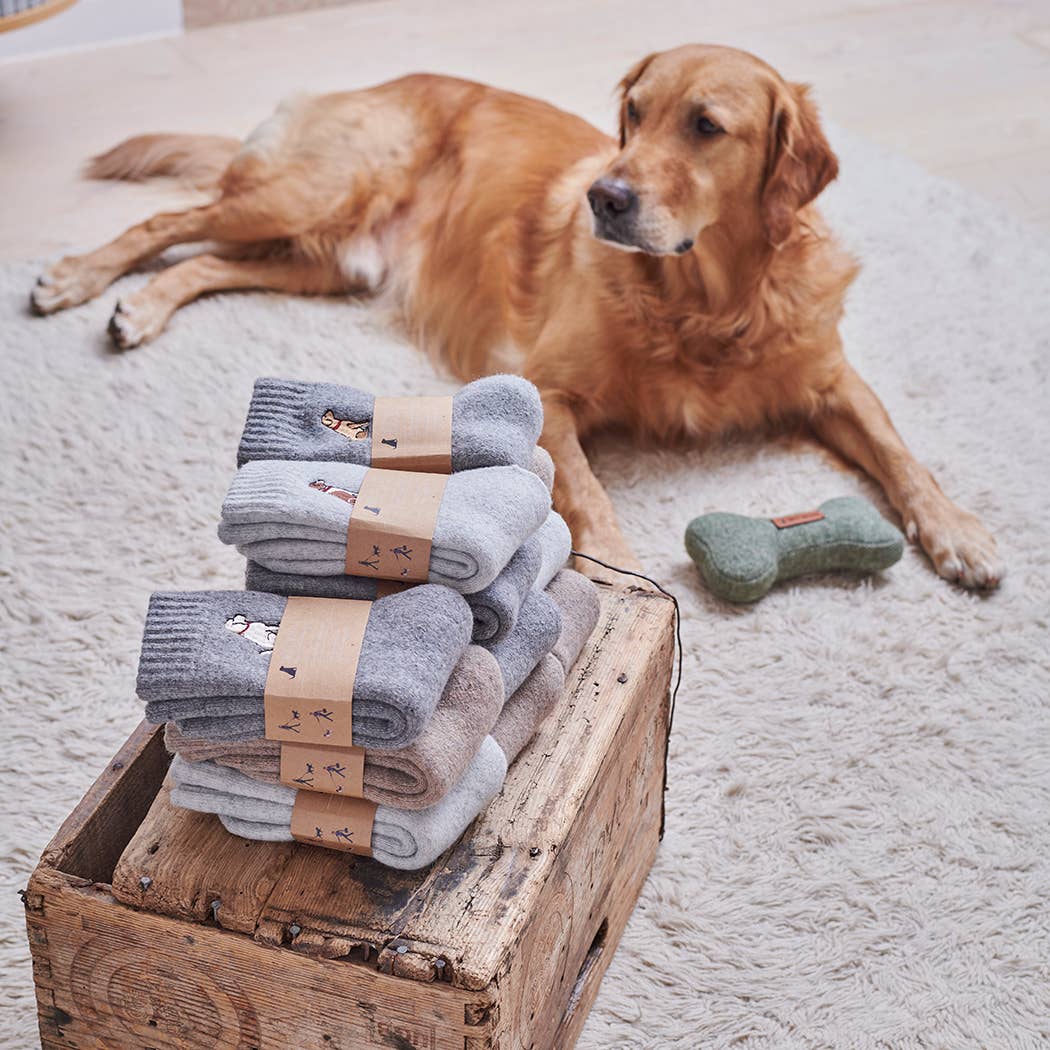 Stack of gray socks on a wooden crate with a dog lying on the floor in the background