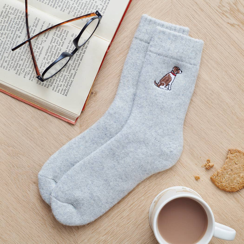 Grey unisex woollen socks with an embroidered dog 