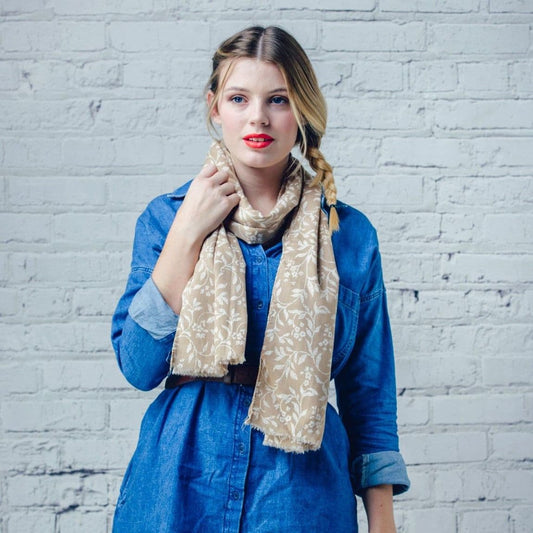 Beige and cream scarf - leaf design